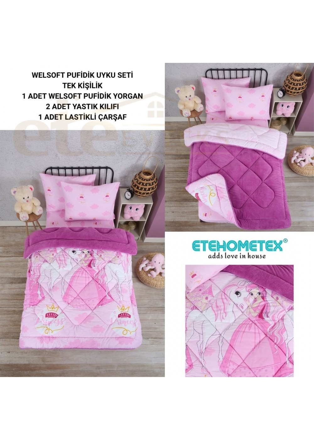 ETE HOMETEX TEK KİŞİLİK WELSOFT UYKU SETİ PRENSES MÜRDÜM 8696474232017